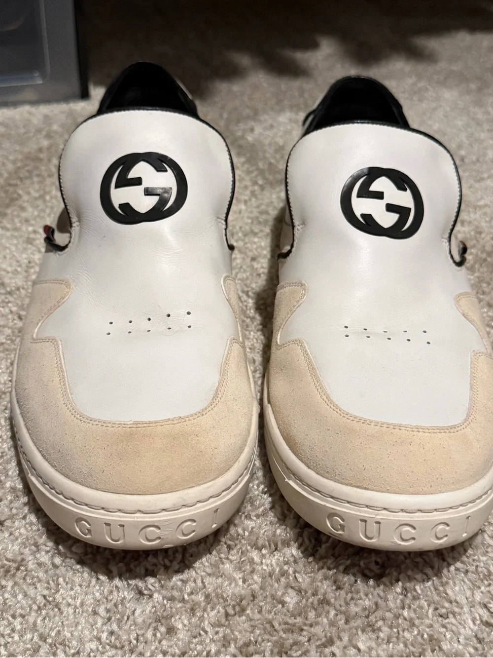Gucci White Leather & Beige Suede Logo Slip-On Loafers